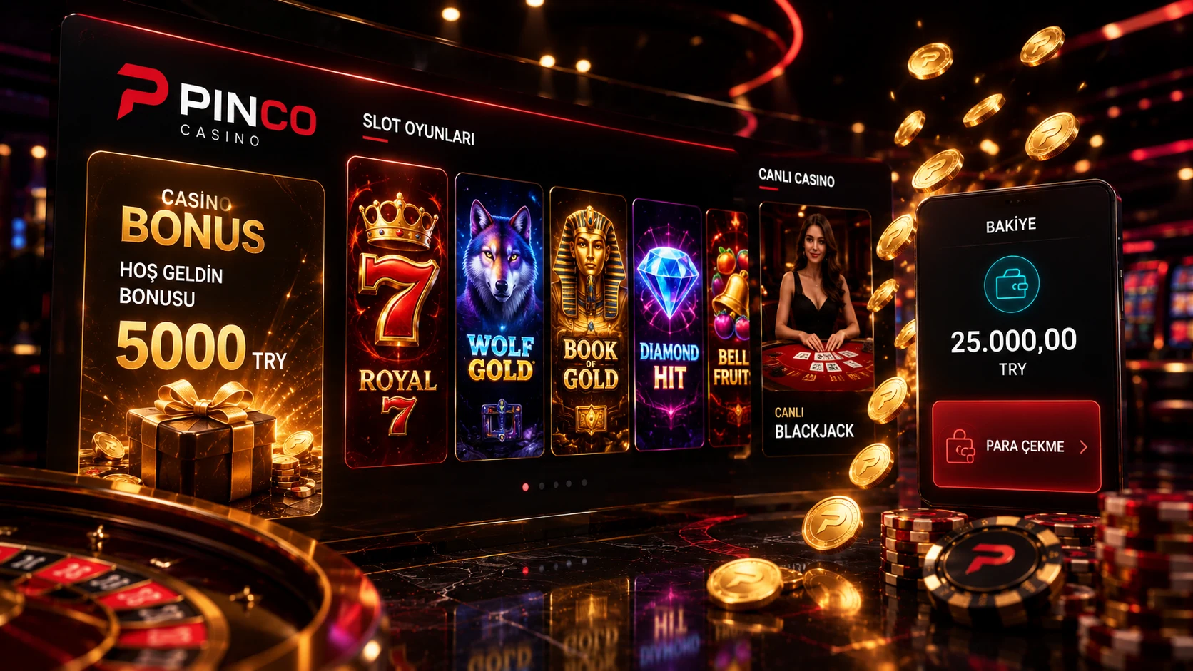 Pinco canlı casino lobisinde rulet ve kart oyunları; Pinco casino ödeme ekranında TRY para yatırma ve çekme seçenekleri